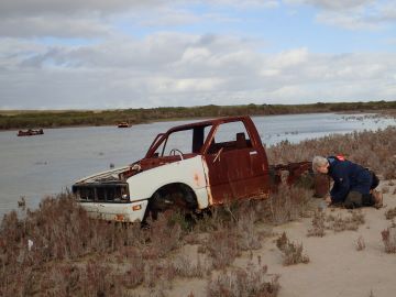 Chris Cargill collecting at an unknown saline pond in WA