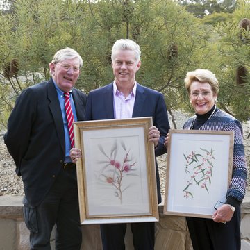 Neville Page, Anthony Whalen, Linda Beveridge with artworks presented to the Gardens, 2023 (photo: Steven Playford)