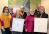 Celebrating Botanic Art; the artists, Susan Spiller and Marjorie Roche, with other BAG members (Jann Ollerenshaw, Wendy Antoniak, Kate Ramsey), Dr Judy West and Neville Page